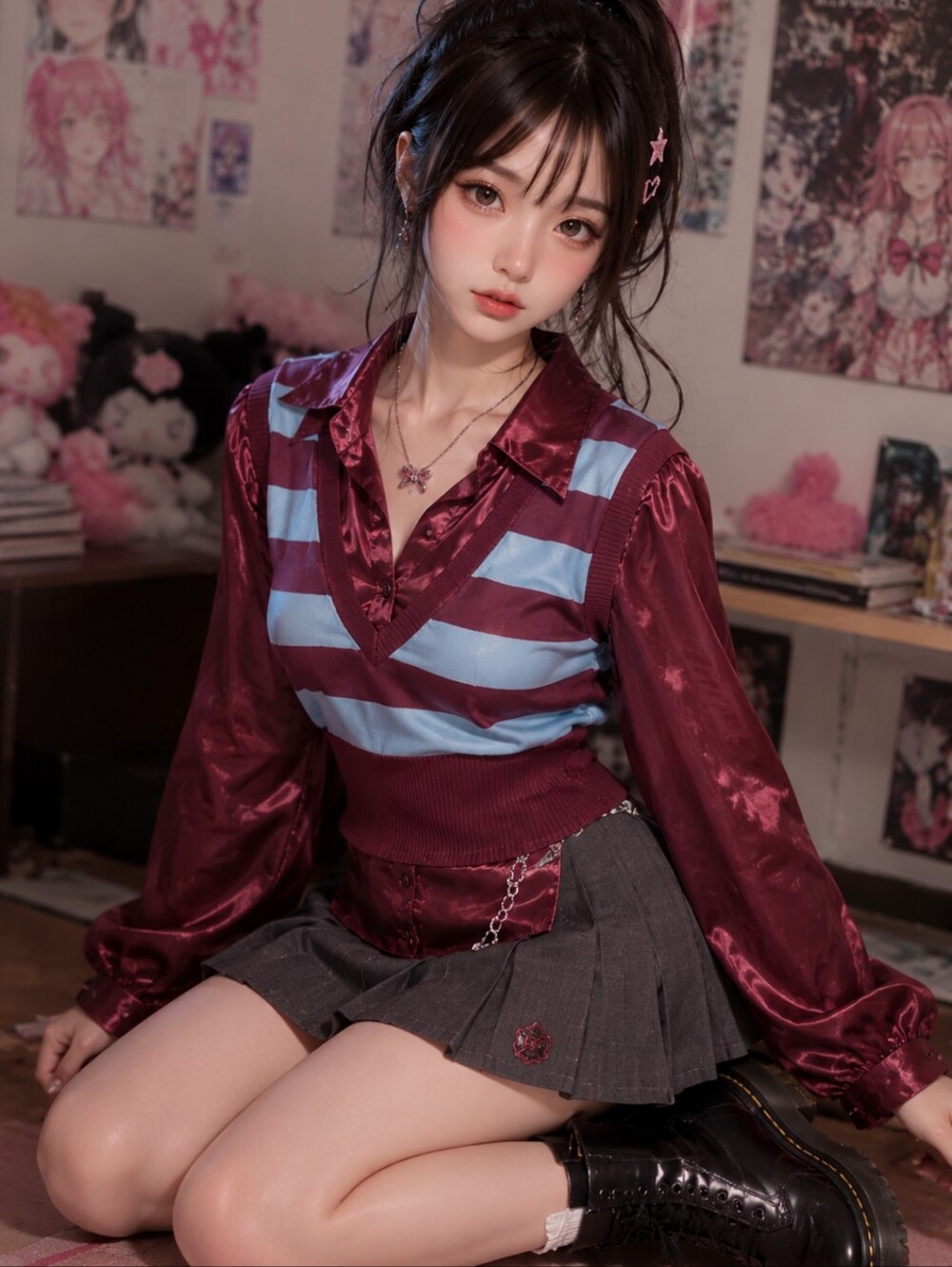 Y2K Sailor Moon Inspo Satin Striped Red Knit Peplum Top Preppy Twee Whimsical XS